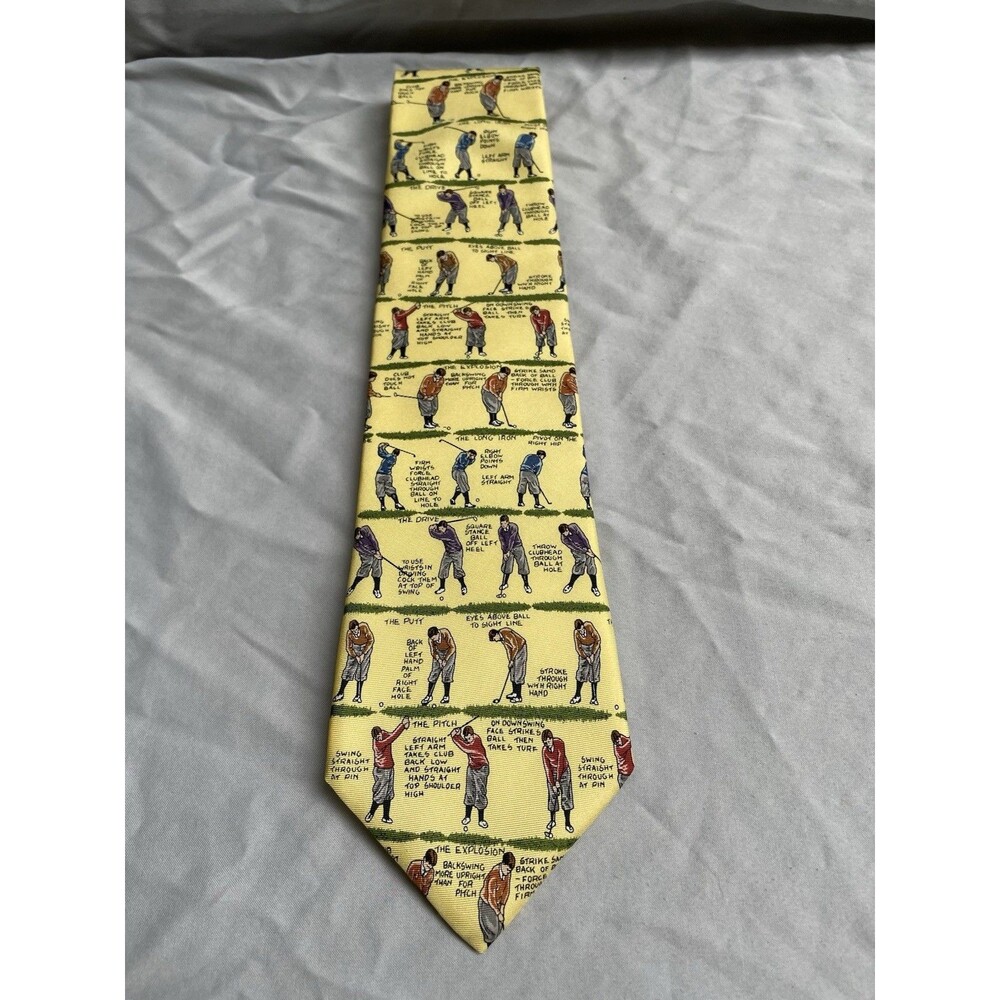 Alynn Neckwear Necktie Mens Yellow Golf Print "The Golf Lesson" 100 % Silk USA